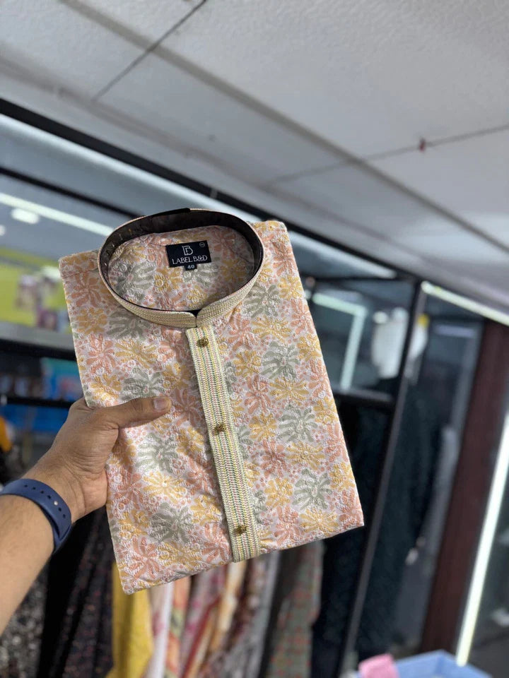 Men's Traditional Wear Pure Cotton With Lucknowi Work Kurta With Pajama