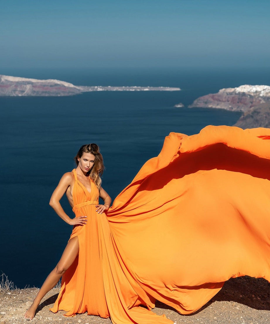 Satin Long Train Dress | Santorini Photoshoot Dress