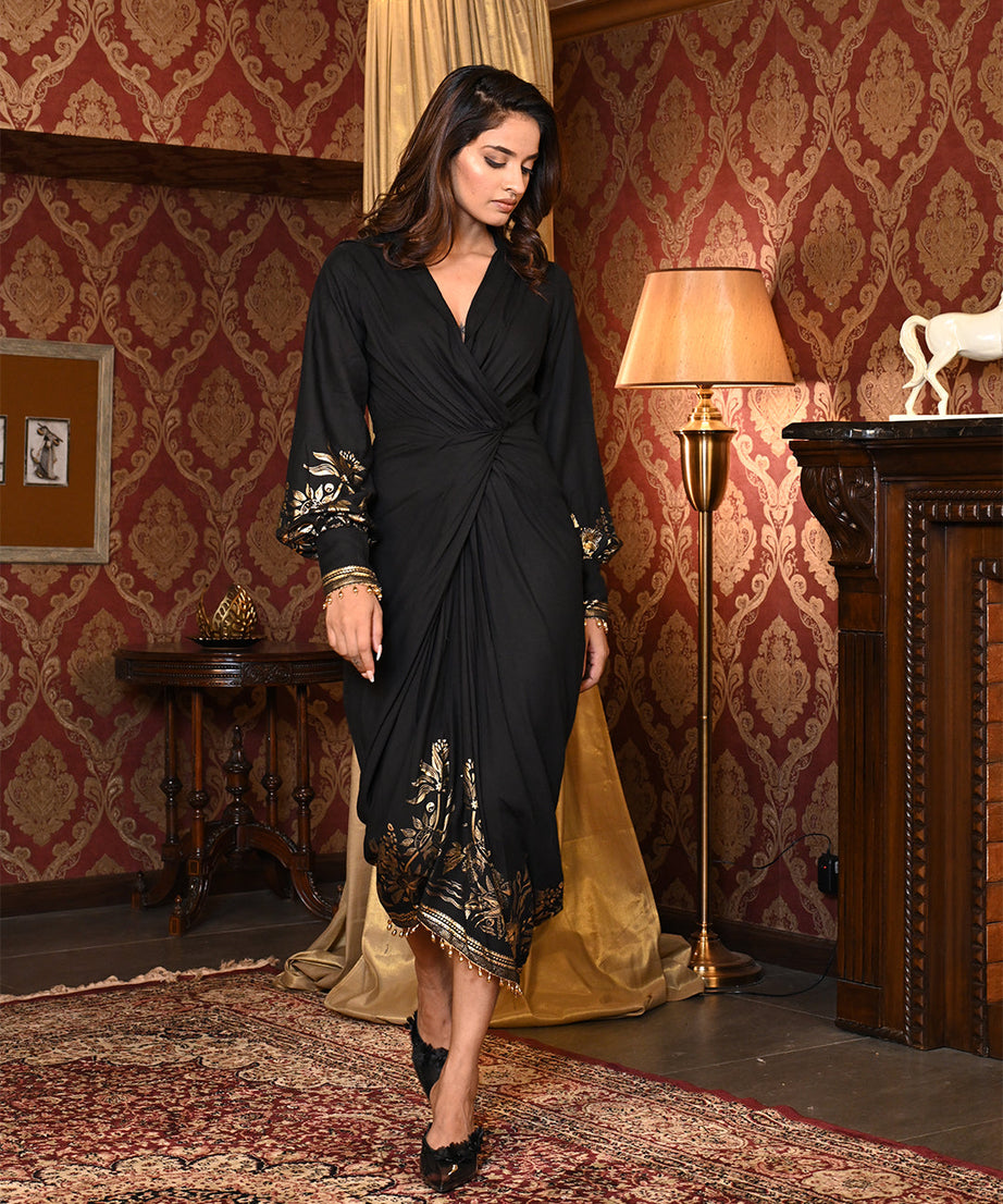 Premium Black Gold Party Wear Kaftan, Designer Maxi Dress for Women’s Elegant Fashion