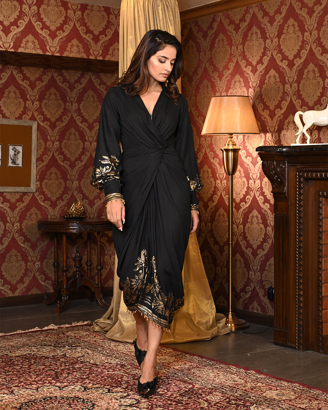 Premium Black Gold Party Wear Kaftan, Designer Maxi Dress for Women’s Elegant Fashion