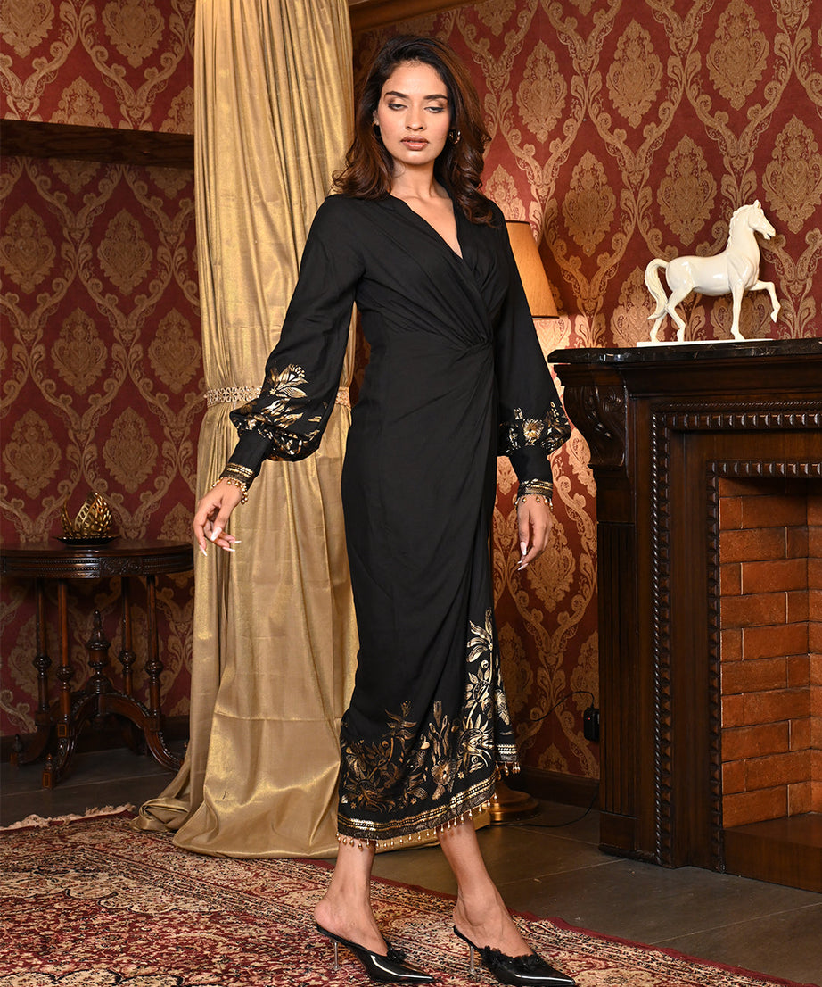 Premium Black Gold Party Wear Kaftan, Designer Maxi Dress for Women’s Elegant Fashion
