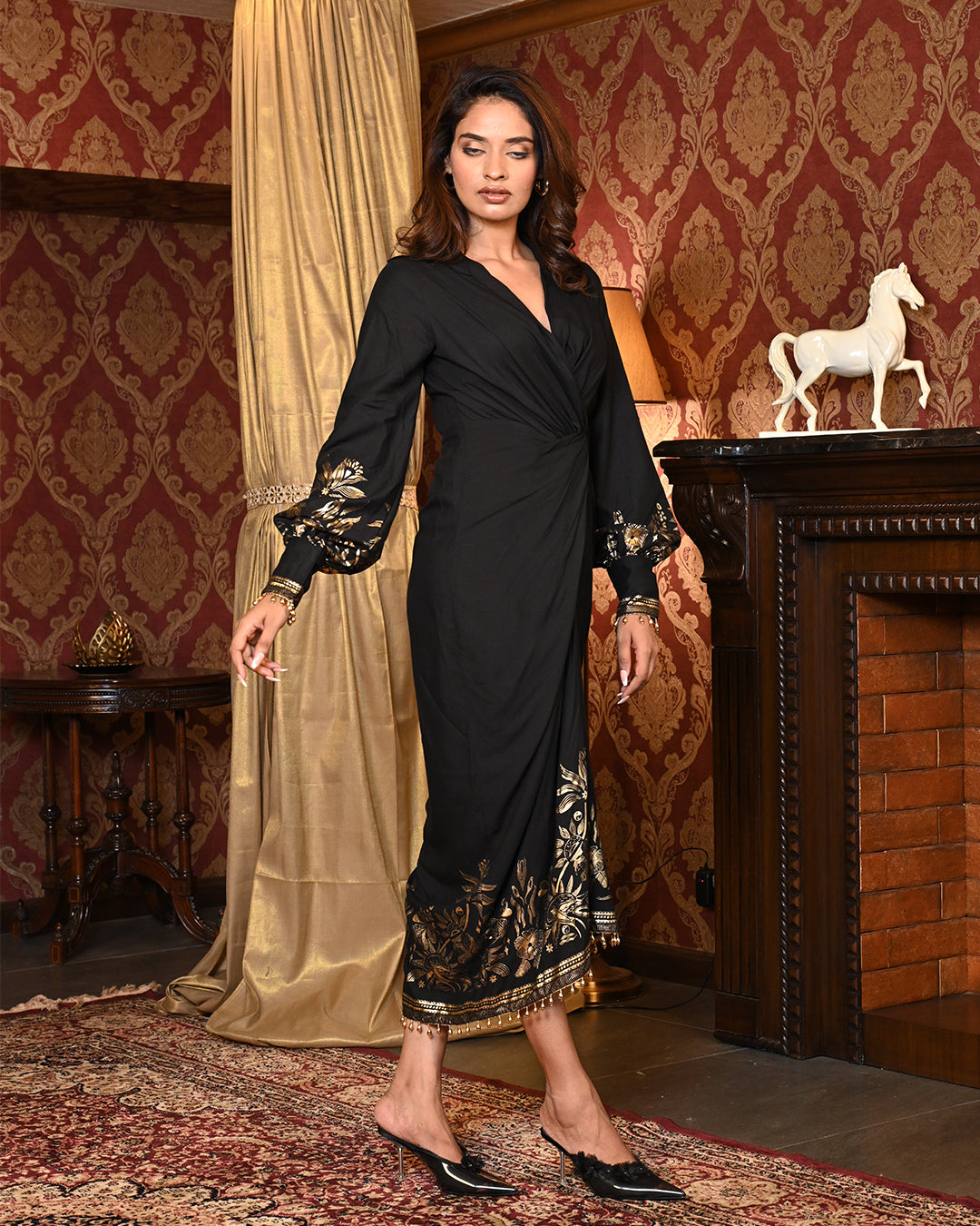 Premium Black Gold Party Wear Kaftan, Designer Maxi Dress for Women’s Elegant Fashion