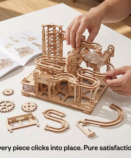 Mechanical Marble Run Wooden Puzzle – STEM Building Kit for Adults & Teens