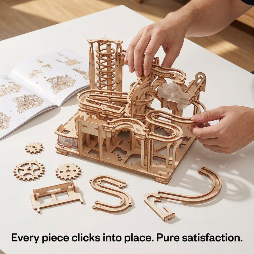 Mechanical Marble Run Wooden Puzzle – STEM Building Kit for Adults & Teens