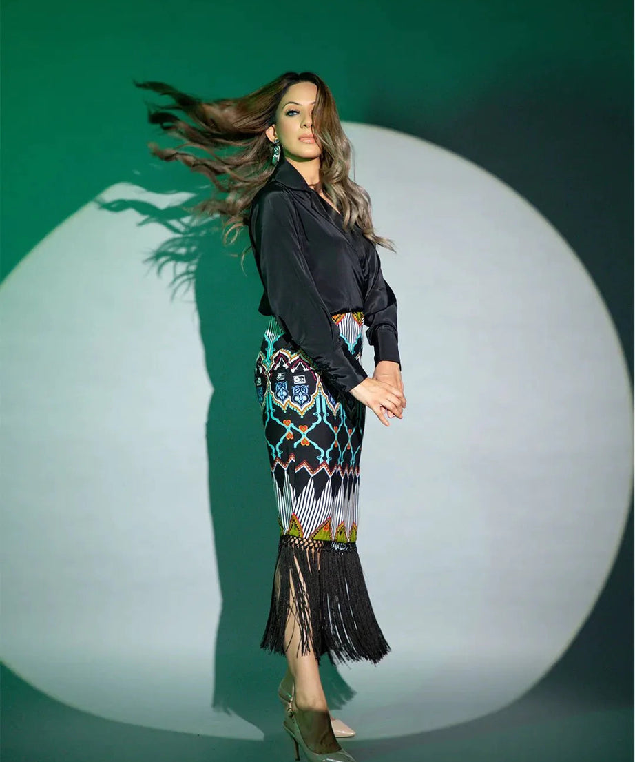 Luxury Printed Fringe Midi Dress for Women Elegant Black Long Sleeve Party Wear Dress