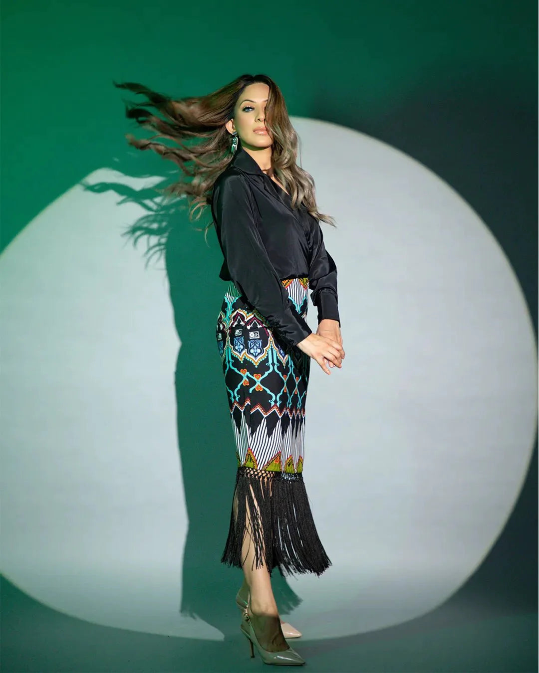 Luxury Printed Fringe Midi Dress for Women Elegant Black Long Sleeve Party Wear Dress