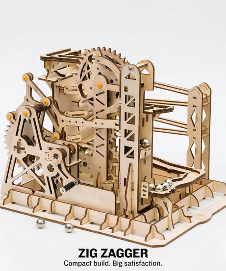 Zig Zag Marble Run Machine – Wooden 3D Puzzle Mechanical Gear Building Kit Toy