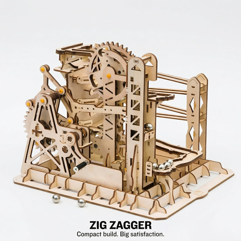 Zig Zag Marble Run Machine – Wooden 3D Puzzle Mechanical Gear Building Kit Toy