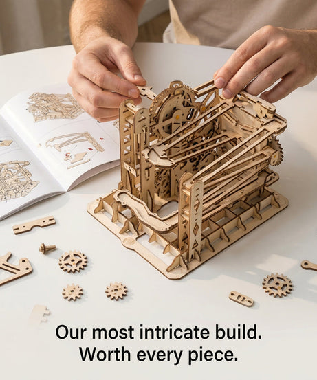 Zig Zag Marble Run Machine – Wooden 3D Puzzle Mechanical Gear Building Kit Toy