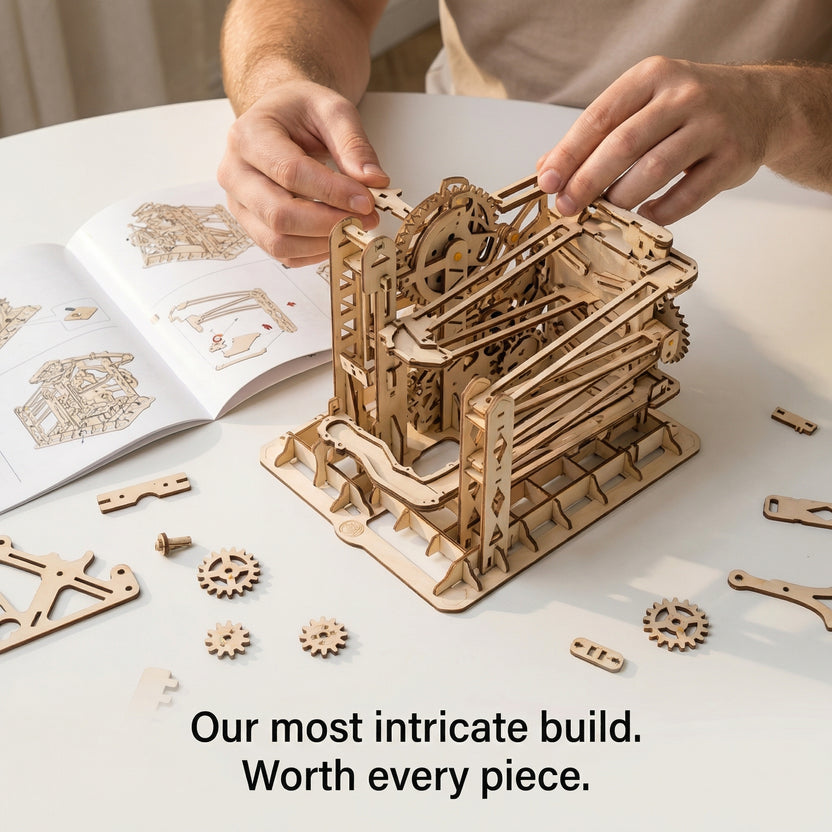 Zig Zag Marble Run Machine – Wooden 3D Puzzle Mechanical Gear Building Kit Toy